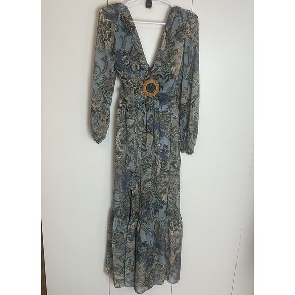 Jessica Simpson Dress Sz S Boho Maxi Paisley Print Long Sleeve V-Neck Back Tie - Picture 1 of 8